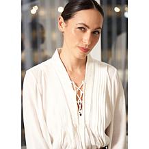 La Joie Micro Crepe Lace-Up Pleated Blouse