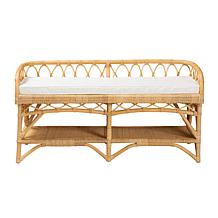 Leryn Natural Rattan Bench with Cushion and Storage Shelf