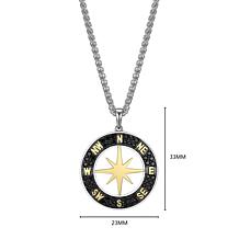 Men's Black Spinel Compass Two-tone Sterling Silver Pendant Necklace