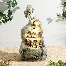 Mermaid Outdoor Fountain with LED Lights and Cascading Shell Tiers