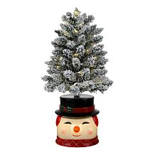 Mr. Christmas 24" Flocked Tree with Lit Blow Mold Snowman Base
