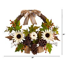 Nearly Natural 20”  Sunflower, White Pumpkin and Dried Lotus Wreath