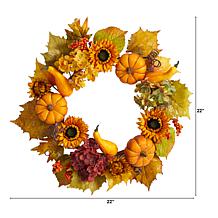 Nearly Natural 22”  Hydrangea, Pumpkin and Sunflower  Fall Wreath