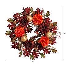 Nearly Natural 24” Fall Dahlia, Golden Apple, Oak, Berries   Wreath