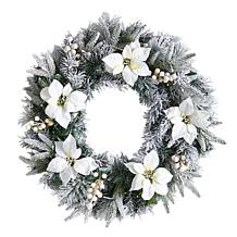 Nearly Natural 24 in. Flocked Poinsettia Wreath with 50 LED Lights