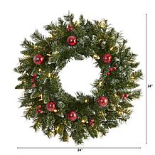 Nearly Natural 24 in. Frosted Christmas Wreath with 50 Lights
