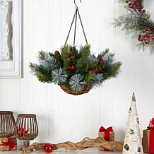 Nearly Natural 24 in. Holiday Pre Lit Berries Christmas Hanging Basket