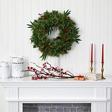 Nearly Natural 24 in. Mixed Pine Christmas Wreath with Lights