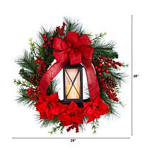 Nearly Natural 28” Poinsettia & Berry Wreath with Lantern & LED Candle