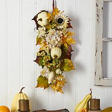 Nearly Natural 33 in. Fall Sunflower, Hydrangea and Pumpkin Teardrop