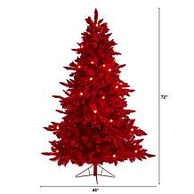 Nearly Natural 6' Red Flocked Fir Artificial Tree with 350 Red Lights