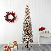 Nearly Natural 9 Ft. Flocked Pencil Christmas Tree with 600 Lights