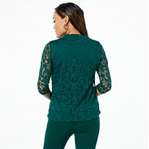 Nina Leonard 3/4-Sleeve Drape Neck Burnout Top