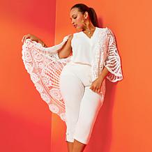 Nina Leonard Bell-Sleeve Open Front Crochet Cardigan