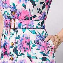 Nina Leonard Button-Front Stretch Linen Sleeveless Dress
