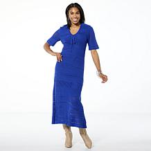 Nina Leonard Crochet Knit Elbow Sleeve A-Line Midi Dress