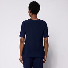 Nina Leonard Elbow-Sleeve Top with Notch Neck