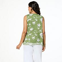 Nina Leonard Embroidered Chiffon Scoop-Neck Tank