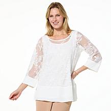 Nina Leonard Embroidered Mesh Knit 3/4-Sleeve Tunic