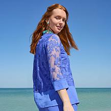 Nina Leonard Embroidered Mesh Knit 3/4-Sleeve Tunic