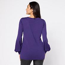 Nina Leonard Long Balloon Sleeve Round Neck Sweater Top