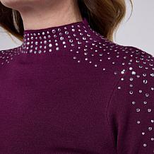 Nina Leonard Long-Sleeve Mock-Neck Embellished Sweater Top