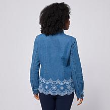 Nina Leonard Mandarin Collar Denim Jacket w/Scalloped Embroidery Hem