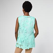 Nina Leonard Novelty Embroidered Mesh Button-Down Top