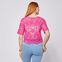 Nina Leonard Open Crochet Elbow-Sleeve Bolero Top
