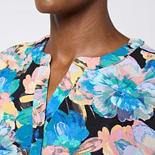 Nina Leonard Printed Button-Front Tie Waist Top