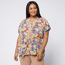 Nina Leonard Printed Button-Front Tie Waist Top