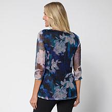 Nina Leonard Printed Mesh Knit Sequin Top with Detachable Necklace