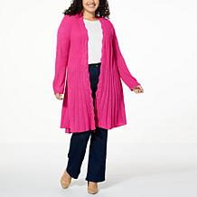 Nina Leonard Roll Tab Sleeve Ribbed Sweater Cardigan