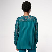 Nina Leonard Round Neck Pleat Chiffon Top