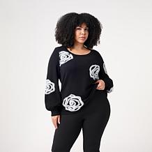 Nina Leonard Round Neck Sweater with 3D Flowers