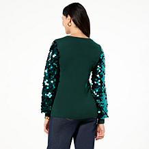 Nina Leonard Sequin Sleeve Pullover Sweater