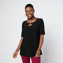 Nina Leonard Round Neck Top with Lace Flutter Sleeve | HSN