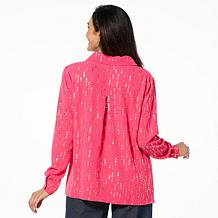 Nina Leonard Textured Wave Foil Print Button Down Top