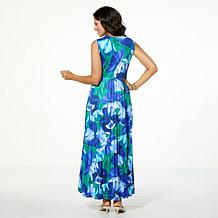 Nina Leonard Tie Waist Maxi Dress with Pleated Skirt