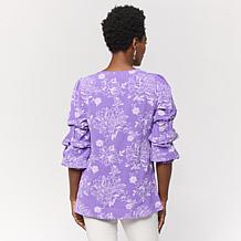 Nina Leonard V-Neck 3/4 Pick-Up Sleeve Printed Top