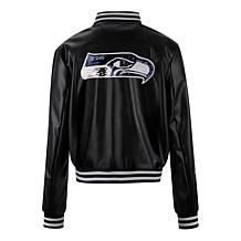 Officially Licensed NFL Sequin Logo Faux Leather Bomber Jacket