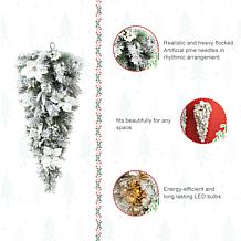 Pre-Lit 3' Snow Flocked Greenery Pine Poinsettia Christmas Teardrop 