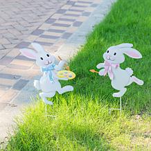 Set of 2 Easter Metal Bunny Yard Stakes