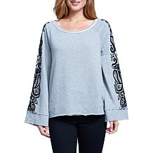 Seven7 Bell Sleeve French Terry Top with Flocking Detail- Heather Grey