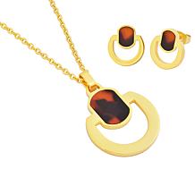 Stately Steel Half Circle Brown Acrylic Pendant and Earring Set