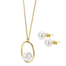 Stately Steel Halo Pearl Necklace and Earrings
