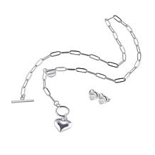 Stately Steel Heart Toggle Necklace and Puffed Heart Earring Set