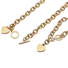 Stately Steel Rolo Chain Heart Drop Necklace and Bracelet Set