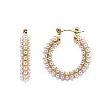 Stately Steel Small Faux Pearl Hoop Earrings