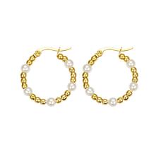 Stately Steel Stainless Steel Simulated Pearl Bead Hoop Earrings